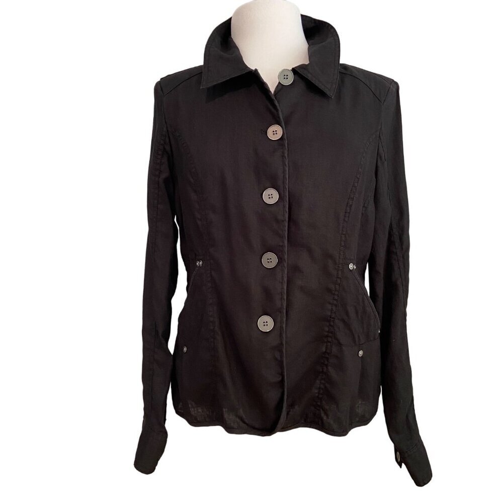 Ecru Black Linen Jacket Women’s Large Button Front Blazer Lightweight Coat